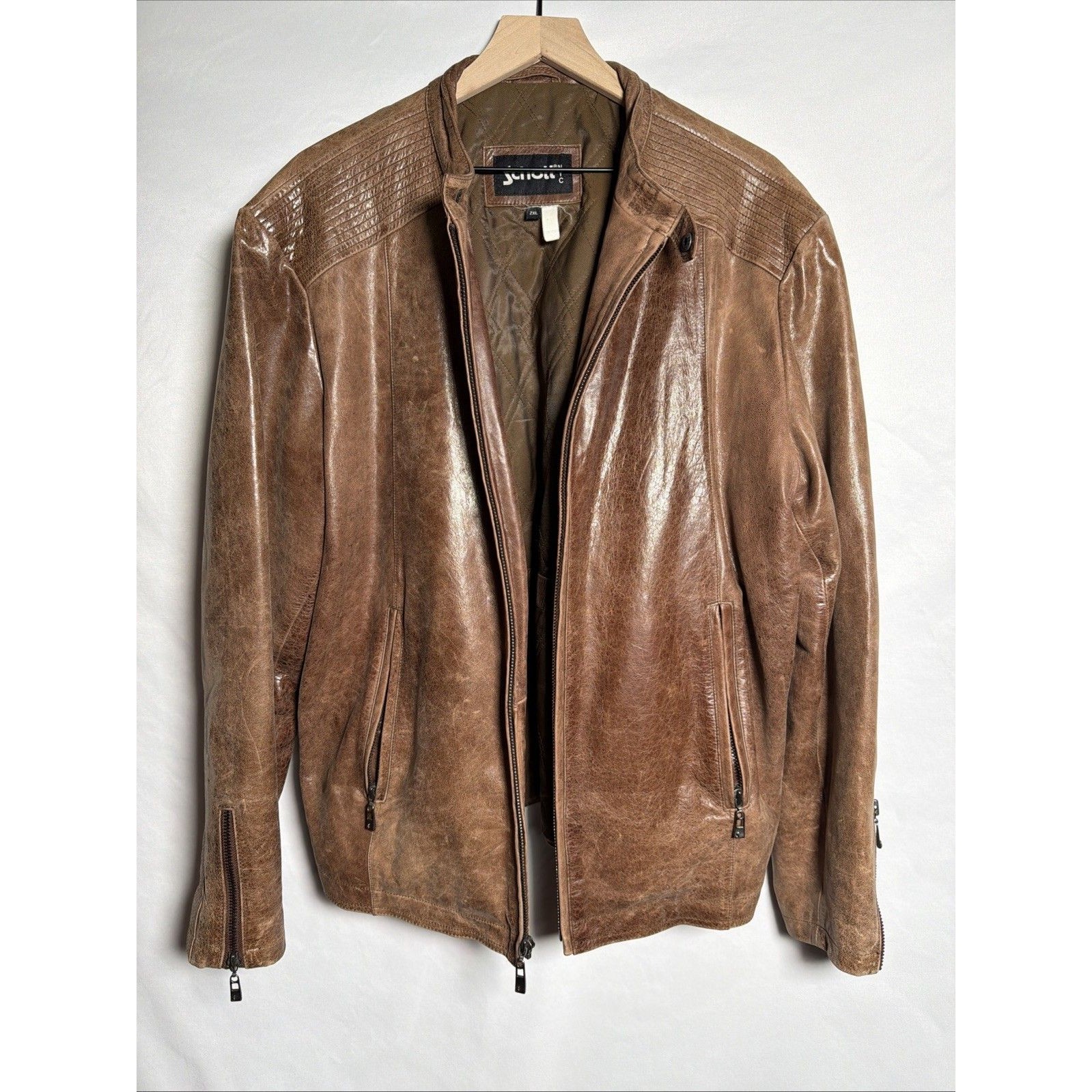 Schott Nyc Vintage Cafe Racer Brown Leather Jacket - Size 2xl
